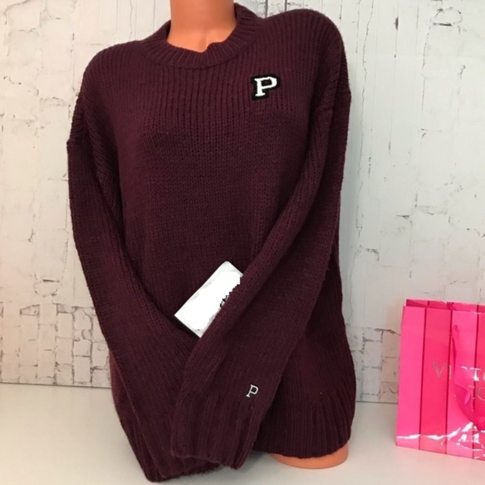 NWT VS PINK BOYFRIEND SWEATER LOGO SOFT Maroon Small OVERSIZED